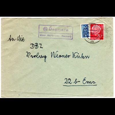 BRD 1954, Landpost Stpl. 14a DEGMARN über Heilbronn (Neckar) auf Brief m. 20 Pf.