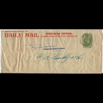 GB 1912, 1/2 P. Streifband Privat Ganzsache "Daily Mail", gebr. London-DR. 