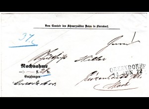 Württemberg 1872, L2 OBERNDORF auf Vordruck NN-Brief des Schwarzwälder Boten
