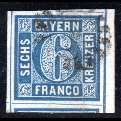 Bayern 10, riesenrandige gebr. 6 Kr. blau m. rechtem Bogenrand