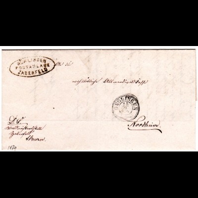 Württemberg 1870, Postablage ZABERFELD (Güglingen) auf Brief n. Nordheim