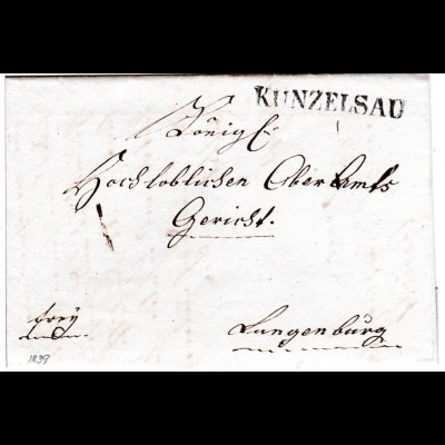 Württemberg 1839, L1 KÜNZELSAU klar auf Franko Brief v. Internhof n. Langenburg