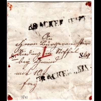 Württemberg 1841, L1 BRACKENHEIM auf Franko Wert Brief n. Stoffel b. Gmünd