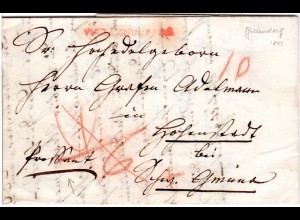 Württemberg 1843, L1 PFULLENDORF (in rot) auf Porto Brief m. Vermerk "Pressant"