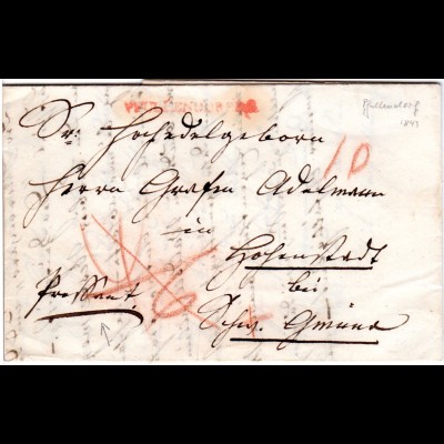 Württemberg 1843, L1 PFULLENDORF (in rot) auf Porto Brief m. Vermerk "Pressant"