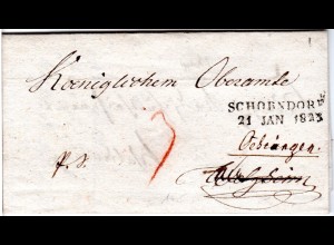 Württemberg 1823, L2 SCHORNDORF auf portofr. Brief n. Welzheim dann n. Öhringen