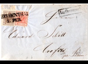 Österreich 1854, voll-/breitrandige 3+6 Kr. auf Brief-VS m. L2 Freudenthal