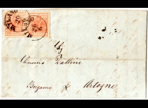 Italien Lombardei 1855, MeF 2x3 Kr. je breitrandig auf Brief m. klaren K1 Milano