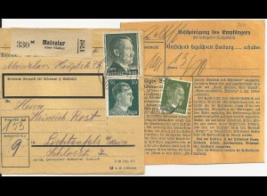 DR 1942, Mainzlar über Giessen, Paketkarte m. 3 Marken n. Lichtenfels. #2898
