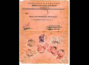 Rumänien 1925, 1+3x5 Lei+6x25 B. rückseitig auf Einschreiben Brief v. Craiova
