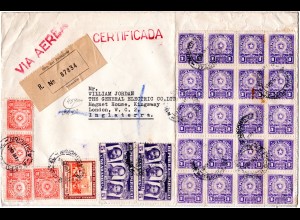 Paraguay 1955, 27 Marken auf Luftpost Einschreiben Brief v. Asuncion n. GB