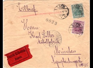 DR 1919 Rheinlandbesetzung, 5+60 Pf. auf Zensur Expressbrief v. Sayn n. München