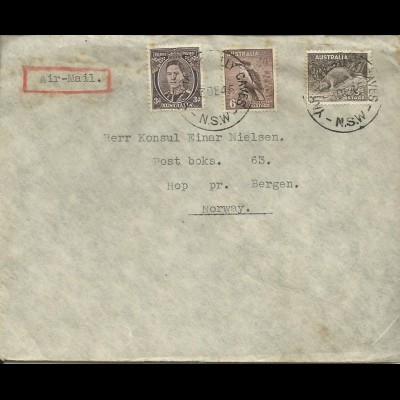 Australien 1945, 3+6+9d auf Luftpost Konsulats Brief n. Norwegen. #3020