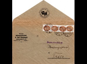 DR 1932, MeF 4x3 Pf. auf Brief v. Bad Kreuznach n. Trier
