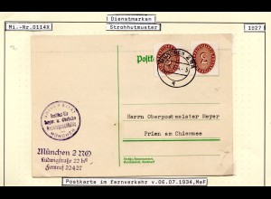 DR 1934, 2x3 Pf. Dienst auf Karte der Uni München, Institut f. Rechtsgeschichte