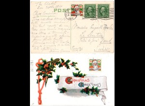 USA 1914, Weihnachten Red Cross Christmas seal 2x on postcard from Charleston