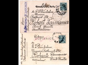 Österreich 1904, 2 als Drucksachen gebr. AK m. 5 H. v. WLASCHIM n. Tasmanien!