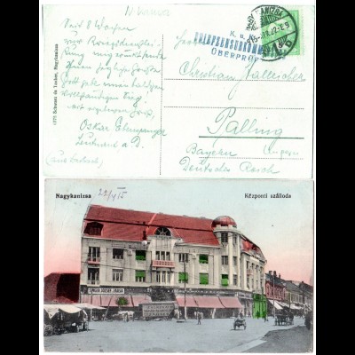 Ungarn, Nagykanizsa, Központi szalloda, 1916 gebr. Farb-AK m. Zensur