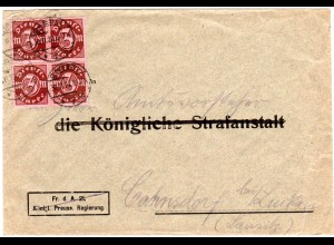 DR 1922, MeF 4er-Block 3 Mk. Dienst auf Brief v. Cassel n. Cahnsdorf b. Luckau
