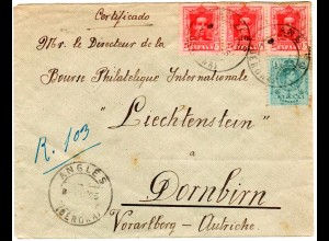 Spanien 1925, 2+3x25 C. auf Einschreiben Brief v. Angles n. Österreich