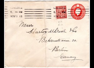 GB 1913, 1 1/2d m. perfin auf 1d Ganzsache Brief v. London n. Deutschland