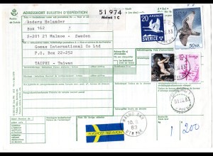 Schweden 1983, 50+20+10+8 Kr. auf Luftpost Paketkarte v. Malmö n. Taiwan