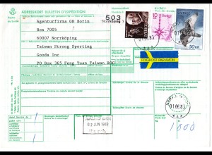 Schweden 1983, 50+10+2 Kr. auf Luftpost Paketkarte v. Norrköping n. Taiwan
