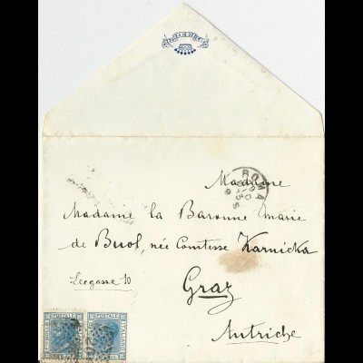 Italien 1873, 2x20 C. auf Adels Brief v. ROMA n. Graz Österreich. #3003