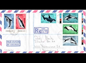 Falkland Inseln 1980, 6 Werte Delphine, kpl. Satz auf Reko Brief n. Deutschland