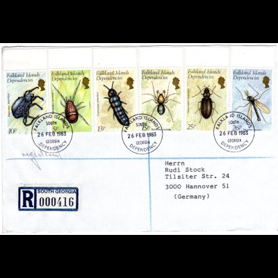 Falkland Inseln Gebiete 1983, 6 Werte Insekten + Spinnen kpl. auf R-Brief n. Dt.