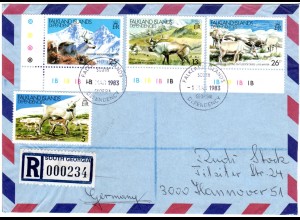 Falkland Inseln Gebiete 1983, 4 Werte Rentiere kpl. Ausagbe auf R-Brief n. Dt.