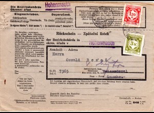 Böhmen und Mähren 1943, frankierter Rückschein m. 1,20+3 K. v. Hohenmauth