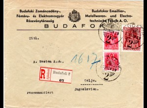 Ungarn 1939, 70+2x20 F. auf Einschreiben Brief v. Budafok n. Jugoslawien