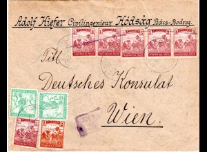 Serbien Ungarn 1920, MiF. 2+6x3 F.+2x5 V. Slowenien auf Zensur Brief v. Hodsag