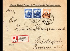 Ungarn 1928, 3+2x10 F. auf Orts-Einschreiben Brief v. Budapest