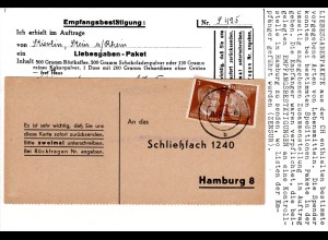 DR 1942, 2x3 Pf. auf Liebesgaben Paket Empfangsbestätigungskarte v. Stade