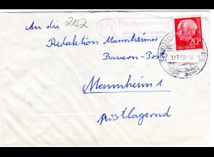 BRD 1959, Landpost Stpl. 24a NOTTENSDORF über Buxtehude auf Brief m. 20 Pf.