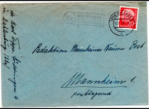 BRD 1959, Landpost Stpl. 20a GÖDDINGEN über Dahlenburg auf Brief m. 20 Pf.