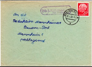 BRD 1959, Landpost Stpl. 24a OLDENDORF über Lüneburg auf Brief m. 20 Pf.