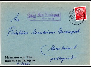 BRD 1959, Landpost Stpl. 24a HÖRNE (Kehdingen) über Stade auf Brief m. 20 Pf.