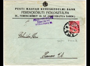 Ungarn 1915, 10 F. m. perfin auf Firmenbrief v. Budapest.