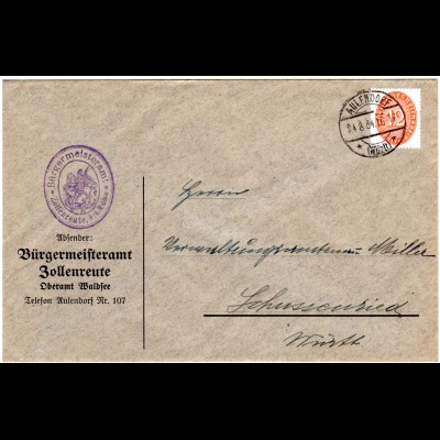 DR 1934, 12 Pf. Dienst auf Zollenreute Bürgermeister Brief m. Stpl. Aulendorf