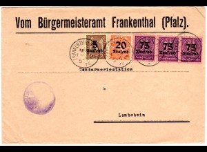 DR 1923, 5 Dienstmarken auf Bürgermeisteramt Brief v. Frankenthal n. Lambsheim