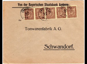 DR 1922, MeF 5er-Streifen 5 Mk. Dienst auf Staatsbank Brief v. Amberg.
