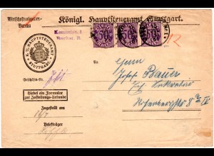 DR 1920, MeF 3x50 Pf. Dienst auf Zustellungsurkunde Brief v. Stuttgart. Geprüft.