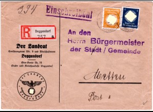 DR 1943, 4+50 Pf. Dienst auf Einschreiben Brief v. Deggendorf n. Metten.