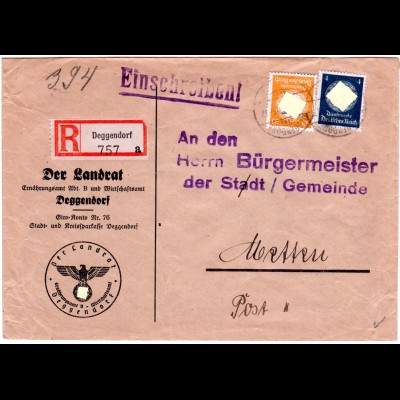 DR 1943, 4+50 Pf. Dienst auf Einschreiben Brief v. Deggendorf n. Metten.