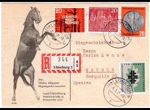 BRD 1959, 4 Marken auf Einschreiben Karte v. Lüneburg n. Spanien