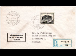 Island 1952, 25 Kr. auf Einschreiben FDC v. Reykjvik