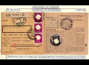DR 1944, 30 (rücks.)+3x40 Pf. Dienst auf Paketkarte v. Stuttgart n. Strassburg.